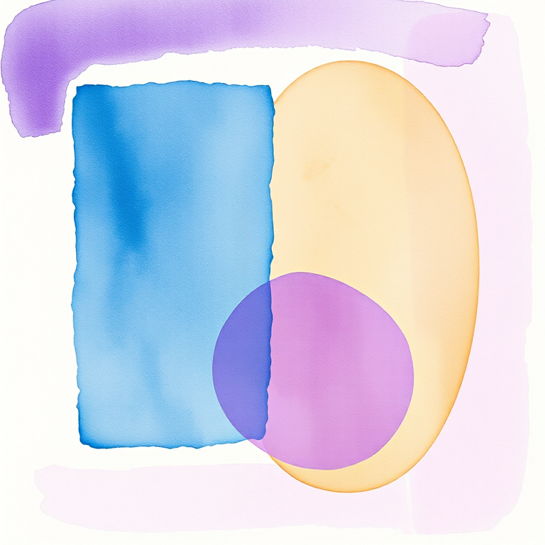 Create a vibrant abstract watercolor composition featuring a textured blue rectangle, a soft purple circle, and a warm beige oval, captured with a 50mm lens at f/1.8 aperture, ISO 100, shot in natural light for a smooth, high-quality finish.