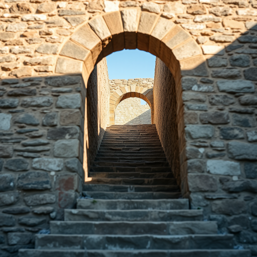 Create a highly detailed image of a stone archway with stairs leading up to it, captured with a DSLR camera, f/2.8 aperture, ISO 100, 50mm lens, shot from a low angle for dramatic perspective, with natural lighting to enhance textures and shadows.