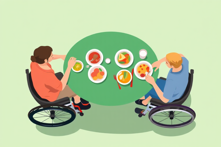 Illustration of four people sitting around a green table with plates of food, two in wheelchairs, in a flat design style, top-down view, using a Canon EOS R5 with a 24-70mm lens at f/4, ISO 100, 1/125s, soft lighting for a clean, vibrant look.