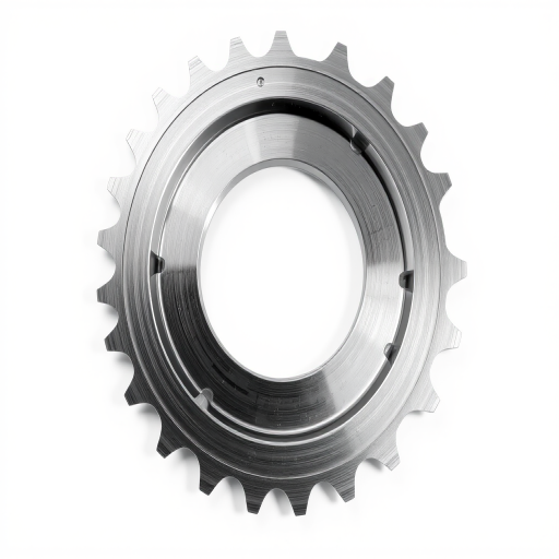 Generate a high-resolution image of a silver gear with sharp edges, using a DSLR camera with a 50mm lens, aperture set to f/2.8, shutter speed 1/125s, ISO 100, top-down view on a plain white background, with a soft light source to enhance reflections and details.