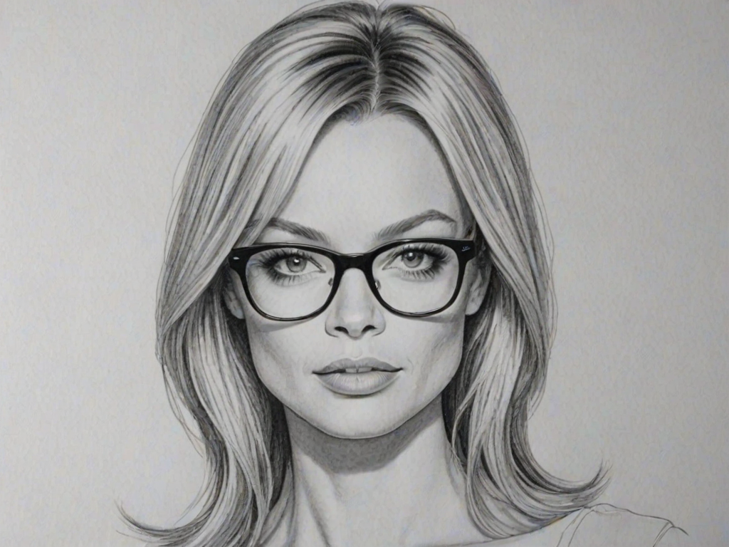 Gorgeous Jamie Pressly, pencil sketch, portrait of Wonderful woman 1969s in glasses, hair style beatnik, outline, clear lines, fine lines, 8k