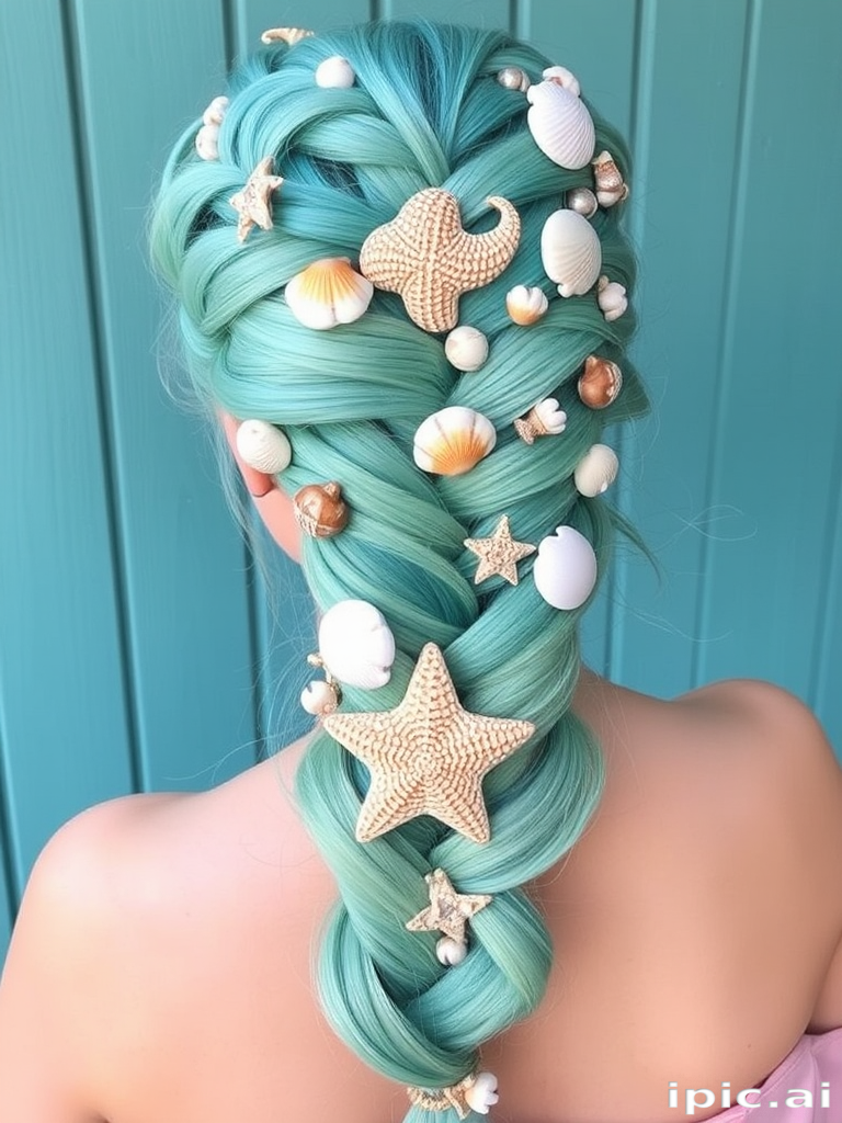 Turquoise to seafoam green mermaid braid adorned with seashells and starfish accessories, known as "Siren's Song" hair, featuring an intricate woven pattern