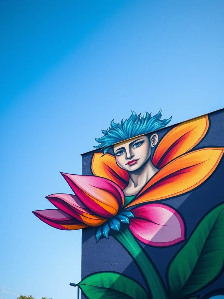 Create an image of a vibrant mural featuring two figures, one with blue spiky hair and a halo, surrounded by a colorful flower with swirling petals under a clear blue sky, captured with a DSLR camera at f/4, 1/250s shutter speed, ISO 200, in daylight, wide-angle lens, with sharp focus on the mural and a blurred background.