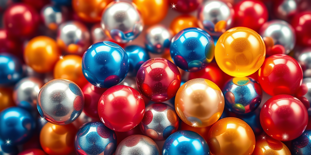 generate an abstract composition of colorful spheres including reds, blues, yellows, and silvers with a sparkling effect in a soft focus background captured with a DSLR camera at f/2.8, ISO 100, 50mm lens, top-down view, natural light style