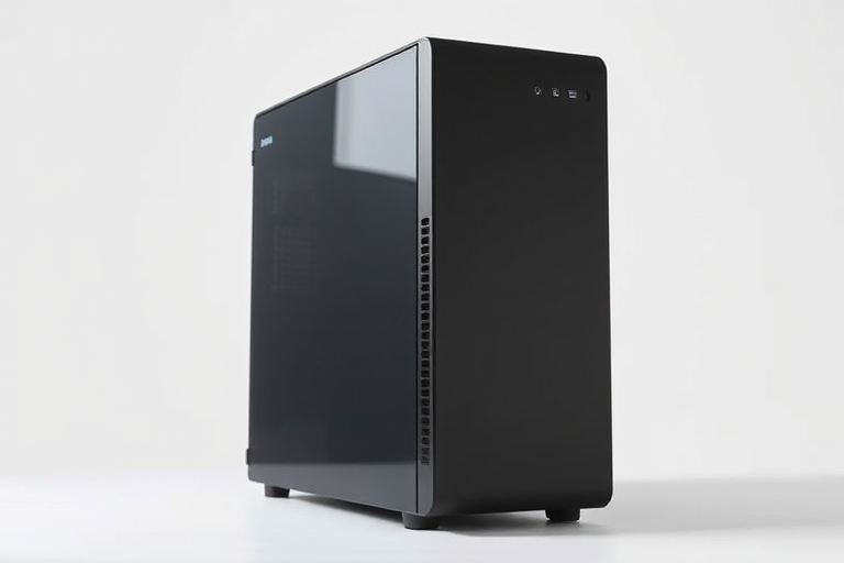 A sleek black computer tower with a slightly reflective surface, captured in a studio setting with soft lighting to highlight its design, using a DSLR camera at f/2.8 aperture, ISO 100, 50mm lens, centered view, and high resolution for clarity.