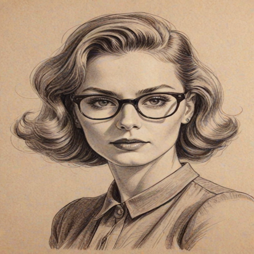 Dazzling Maroon 5, pencil sketch, portrait of Bewitching woman 1940s in glasses, hair style beatnik, outline, clear lines, fine lines, 8k