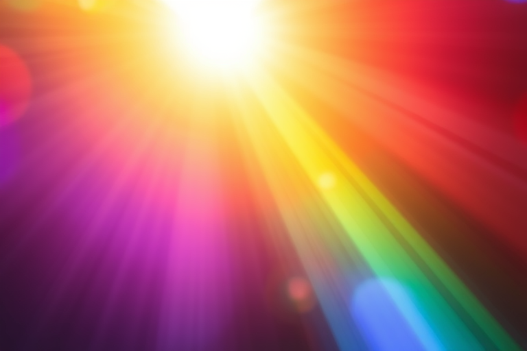 Generate a vibrant abstract light streaks background with a gradient of colors including red, orange, yellow, green, blue, and purple, with a bright lens flare effect, captured with a DSLR camera at f/8 aperture, ISO 100, and a 50mm lens, using a long exposure technique for enhanced light diffusion and texture.