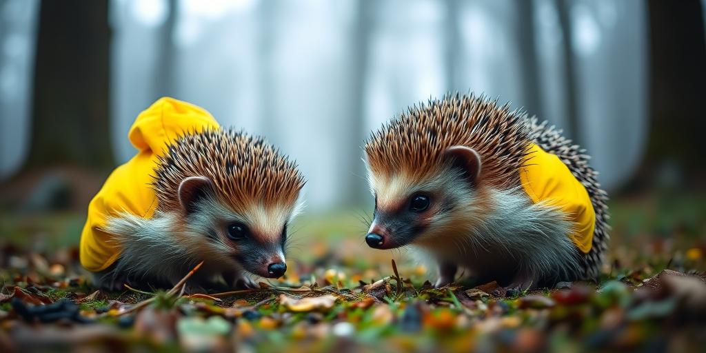 Two hedgehogs wearing bright yellow jackets in a misty forest setting, close-up shot, shallow depth of field, 50mm lens, f/1.8 aperture, ISO 200, soft natural light.