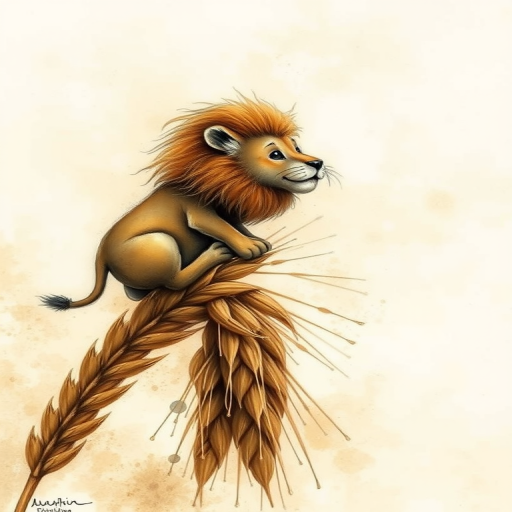 Soft, muted Alcohol Ink with ebru effect background image of tiny whimsical lion, who climbed high on the top of a golden rye ear.