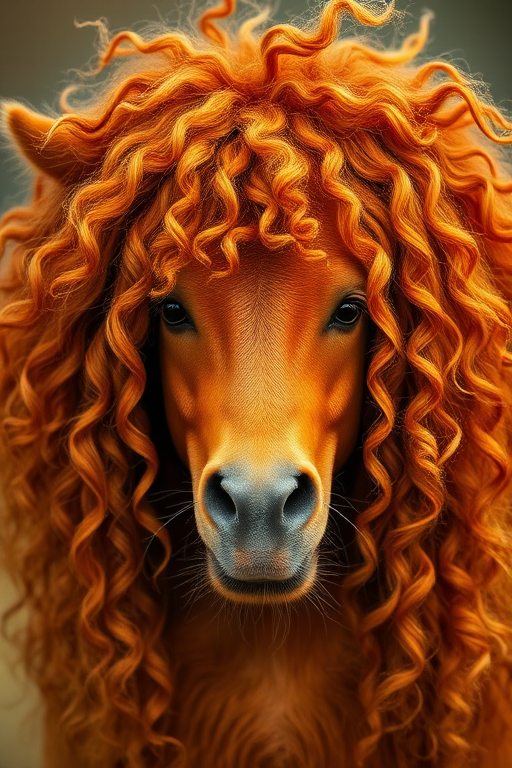 Fiery copper ringlets frame the face in a wild and untamed mane, with streaks of golden sunburst weaving through the curls, embodying the spirit of autumn named Harvest Flame
