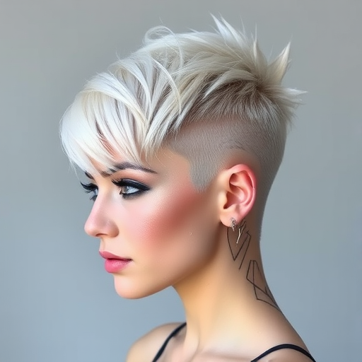 Striking platinum blonde pixie cut with asymmetrical bangs and edgy undercut, featuring intricate geometric patterns shaved into the sides, exuding a futuristic and avant-garde vibe called Cyberpunk Pixel