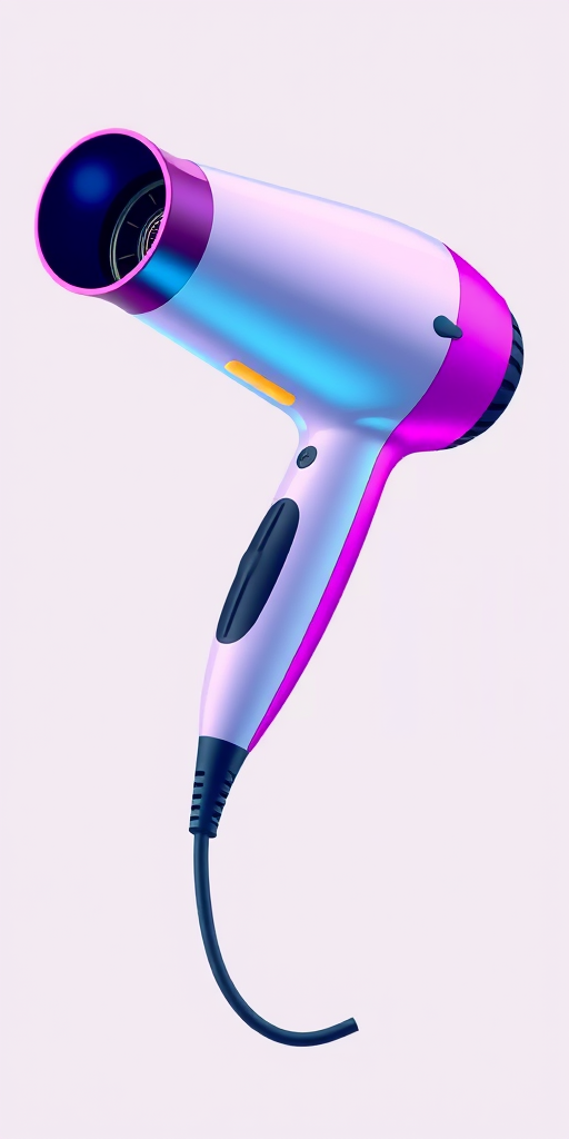 create a high-resolution vector illustration of a modern hairdryer with vibrant colors and a smooth finish, shot with a Canon EOS 5D Mark IV using an aperture of f/2.8, a shutter speed of 1/125s, and a focal length of 50mm from a slight angle for a dynamic perspective.