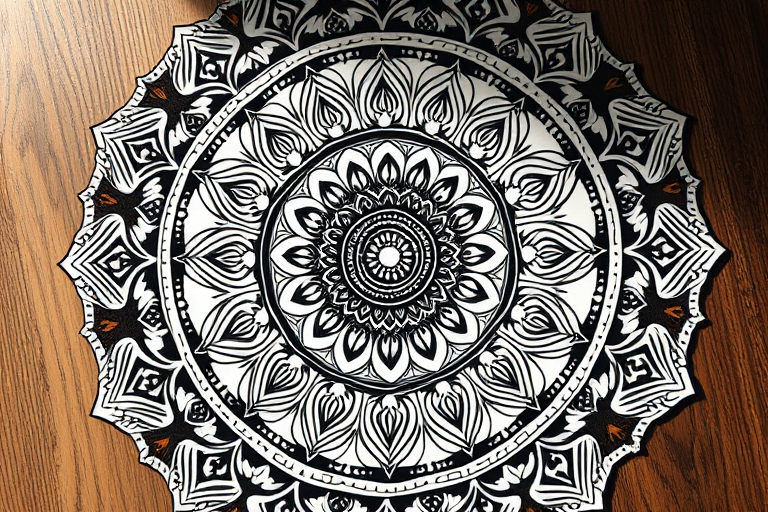 Create a highly detailed mandala with intricate patterns and designs, captured in high resolution using a DSLR camera, 50mm lens, ISO 100, f/8 aperture, top-down view, natural lighting for enhanced contrast and sharpness.