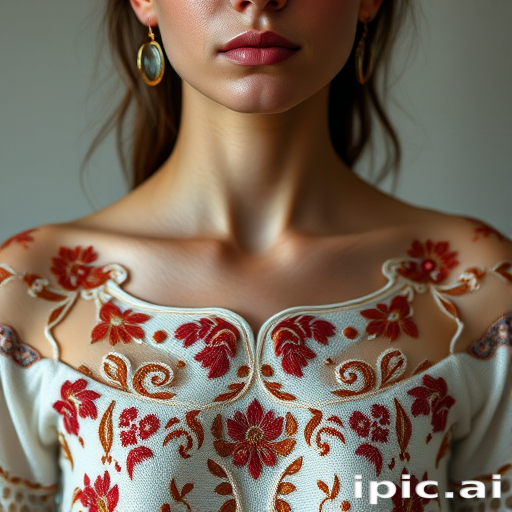 Face, shoulders, chest covered in openwork Ukrainian embroidery. Raw, unedited image.
