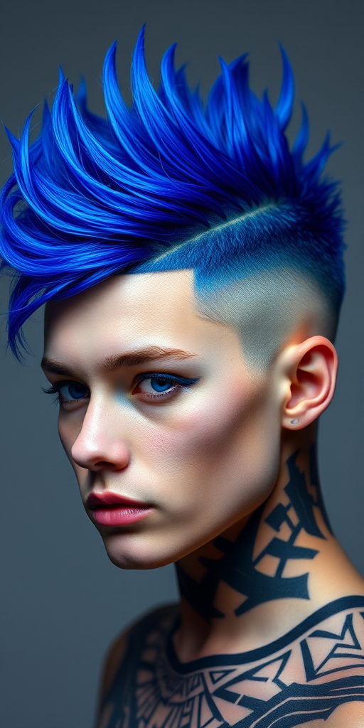 Striking portrait highlighting Electric Cobalt strands, a vibrant blue hue in a mohawk style with shaved sides and intricate geometric patterns