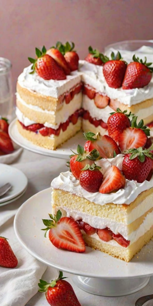 Create an image of a layered dessert featuring light sponge cake, whipped cream, and fresh strawberries. The dessert should be presented in square slices, with a bright and appealing aesthetic. Include a few whole strawberries on top for decoration, and set the scene on a clean, white background to emphasize the freshness and sweetness of the cake.