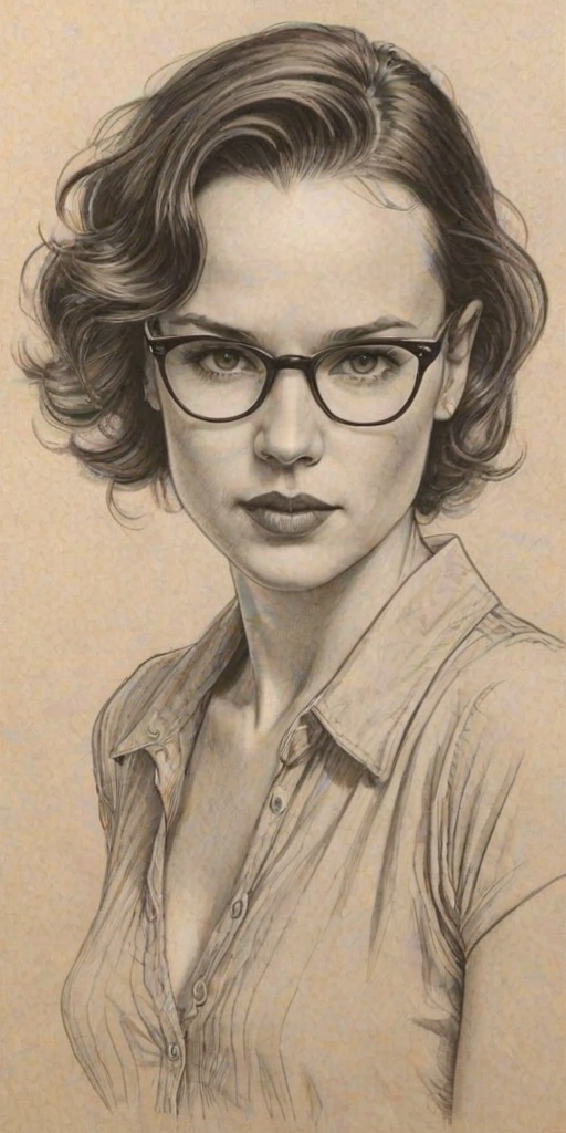 Graceful Juliette Lewis, pencil sketch, portrait of Fetching woman 1930s in glasses, hair style beatnik, outline, clear lines, fine lines, 8k