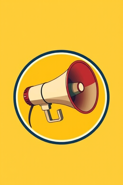 Create an illustration of a vintage megaphone in a circular badge design with a yellow background, using a DSLR camera with a 50mm lens at f/2.8, 1/125s exposure, in soft natural light for enhanced quality.