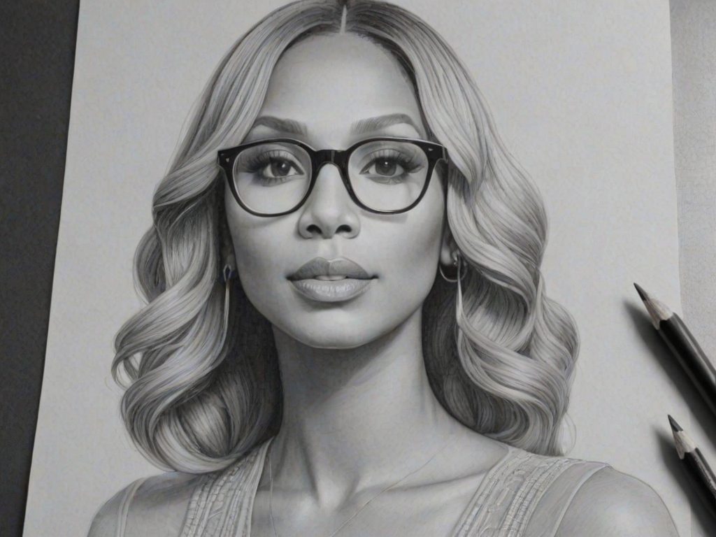 Alluring Tamar Braxton, pencil sketch, portrait of Elegant woman 1933s in glasses, hair style beatnik, outline, clear lines, fine lines, 8k