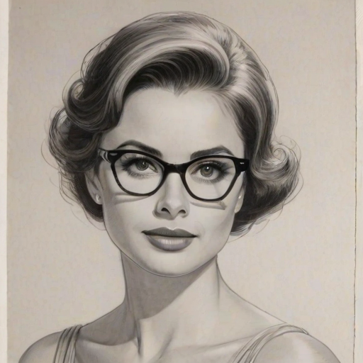 Graceful Freddie Prinze Jr., pencil sketch, portrait of Exquisite woman 1958s in glasses, hair style beatnik, outline, clear lines, fine lines, 8k