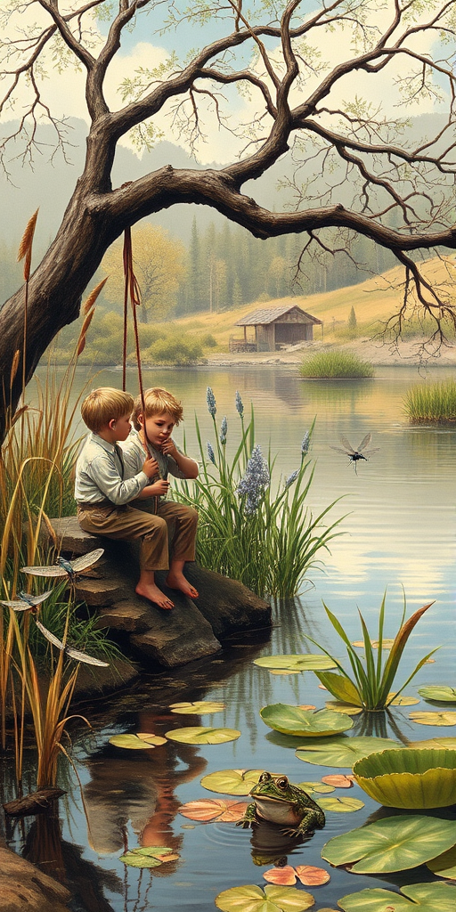 Imagine a small group of old fashioned young boys out fishing by the creek, a swing hanging from a tree branch, reeds and grasses by the water's edge, a frog sitting on a lily pad, dragonflies hovering over som water plans, a very iconic old fashioned scene reminiscent of a Norman Rockwell painting style
