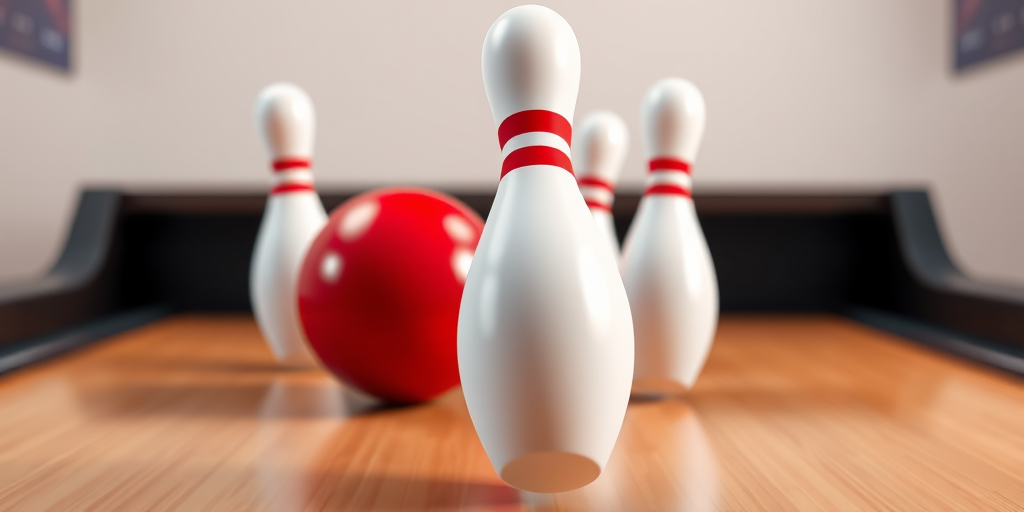 Create a 3D rendering of bowling pins and a red bowling ball in motion, high angle view, with a blurred background, Canon EOS 5D, f/2.8 aperture, ISO 100, 50mm lens.