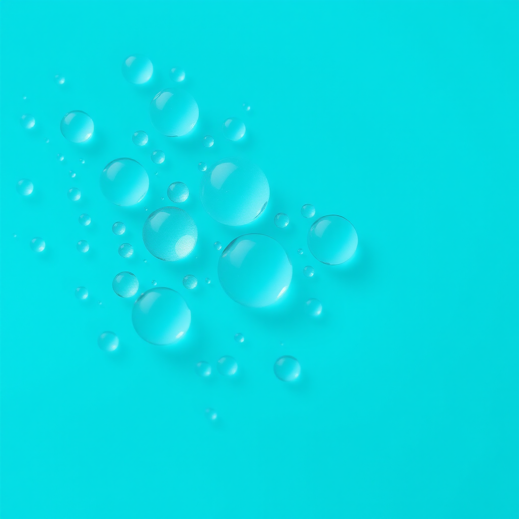 Create an image of a turquoise background with varying sizes of translucent water droplets scattered throughout, using a macro lens setting at f/2.8, ISO 100, with a shallow depth of field and a soft focus effect to enhance the clarity and detail of the droplets.