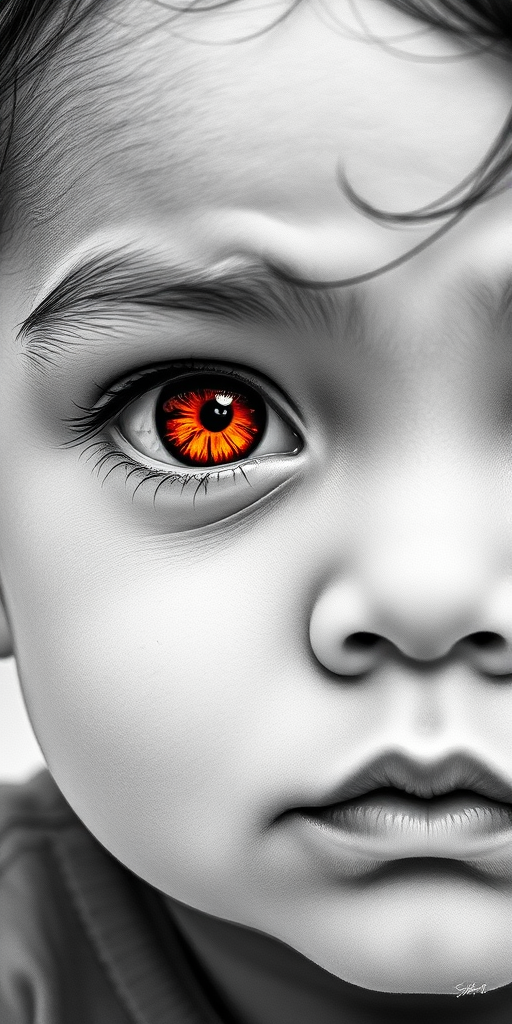A hyperdetailed photorealistic black and white sketch of a beautiful toddler with deep orange eyes, with a macro focus