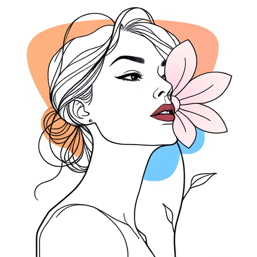 Create a high-resolution line art illustration of a female figure with abstract shapes and a flower, using a Canon EOS R5 camera, 50mm lens, f/1.8 aperture, ISO 100, in soft natural lighting with a focus on clean lines and vibrant colors.