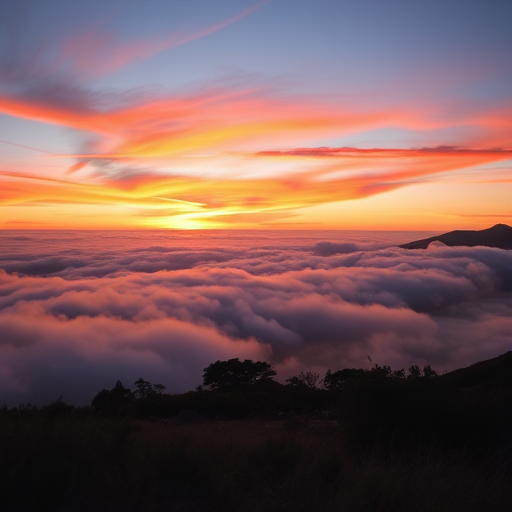 Generate a high-resolution image of a serene landscape at sunset with vibrant colors and soft clouds, captured using a Canon EOS R5, 50mm lens, f/1.8 aperture, ISO 200, with a slight vignette effect for depth.