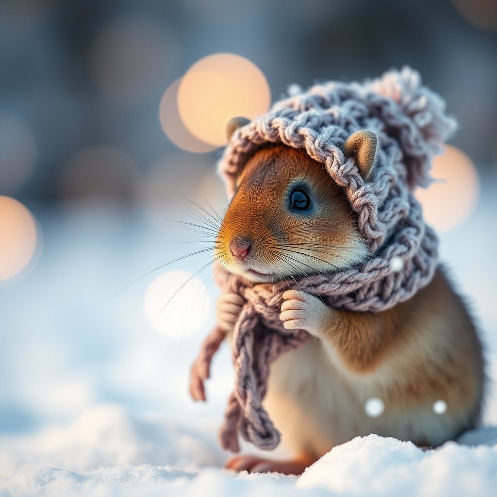 photograph a cute brown mouse wearing a knitted hat and scarf, set in a snowy landscape with soft bokeh lights in the background, shot with a Canon EOS R5, 85mm f/1.4 lens, aperture at f/2.8, ISO 200, and a shallow depth of field for a warm and detailed look