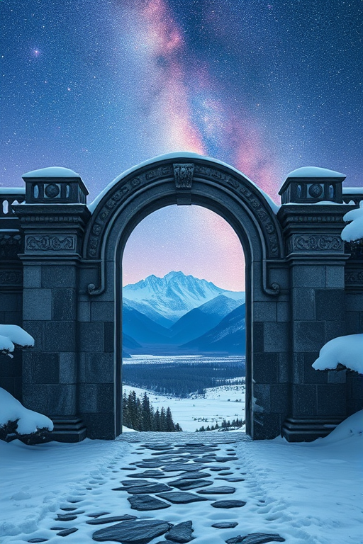 Create an ethereal landscape featuring a large ornate stone portal in a snowy setting, revealing a vibrant galaxy and distant mountains, with soft lighting, captured using a DSLR camera at f/2.8, ISO 200, and a 24mm wide-angle lens for enhanced depth and clarity, shot in landscape orientation.