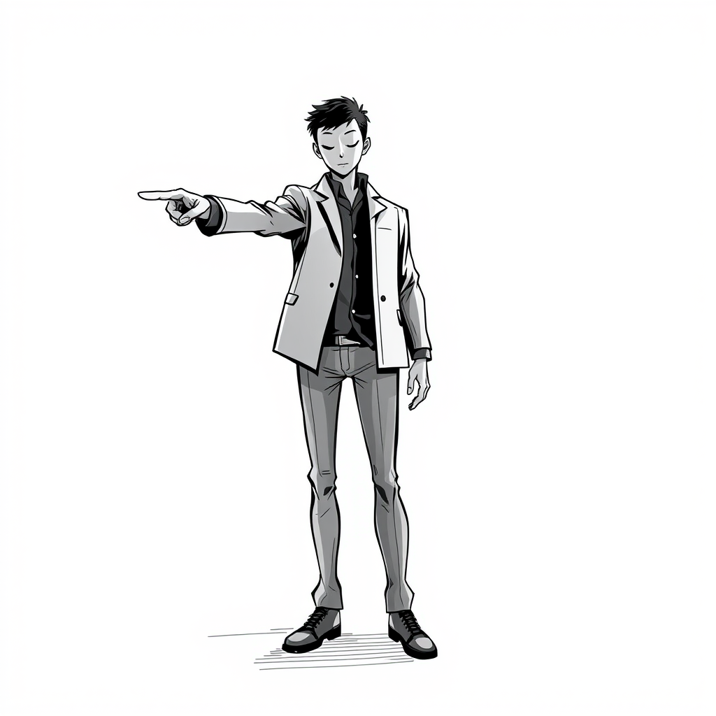 Create a high-contrast, detailed illustration of a standing figure pointing forward, using a Canon EOS R5 with a 50mm f/1.2 lens at ISO 100, aperture f/2.8, and a shutter speed of 1/125s, in a studio setting with softbox lighting for even illumination.