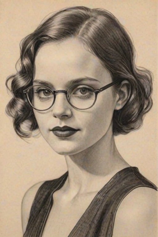 Fascinating Sarah Ramos, pencil sketch, portrait of Dazzling woman 1923s in glasses, hair style beatnik, outline, clear lines, fine lines, 8k