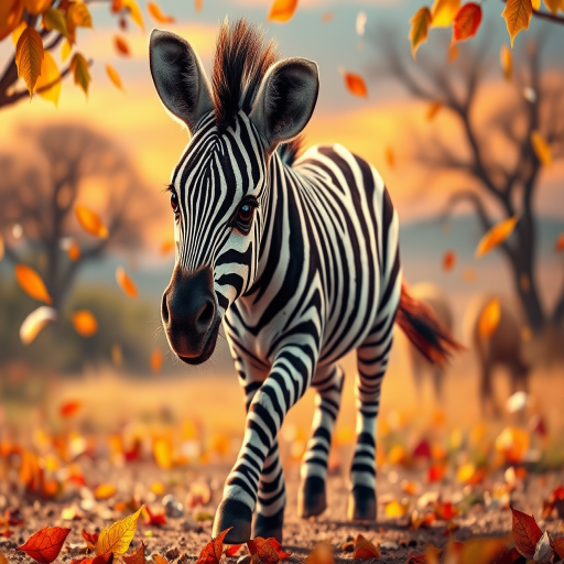 A hyper-realistic digital artwork of an adorable cute zebra walking gracefully, looking directly at the viewer with big expressive eyes. The fur of the zebra is slightly dense and textured, with each hair finely detailed. fantasy savanna landscape, colorful and cheery, Leaves gently fall around it, adding to the magical, serene atmosphere, sunrise