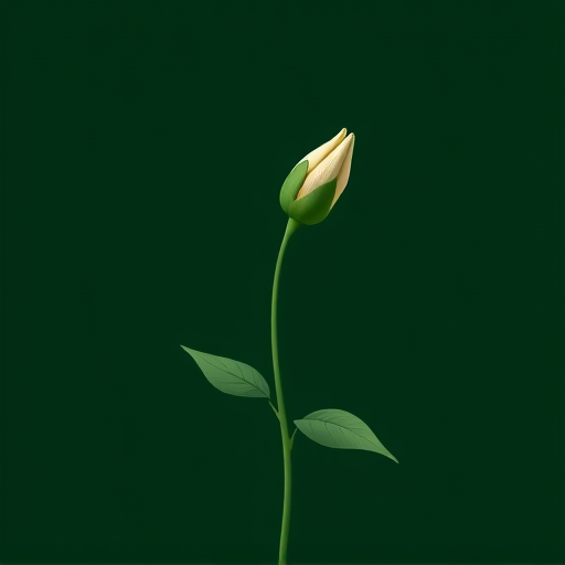 Generate a high-resolution image of a minimalist botanical illustration featuring a stylized flower bud with leaves on a dark green background, using a DSLR camera with a 50mm lens, aperture set to f/1.8, ISO 100, and a shallow depth of field for a soft background effect.