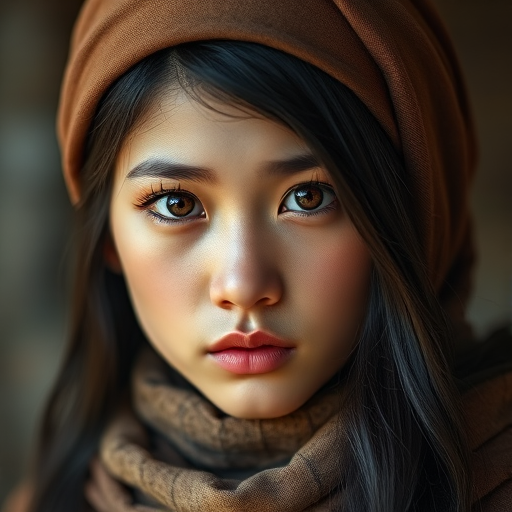 Create a portrait of a young Mongolian female with long, dark hair and captivating hazel eyes. She is wearing a brown headscarf and a matching scarf draped gracefully around her neck. The background is softly blurred, focusing attention on her serene and natural expression. The overall color palette is muted and warm, enhancing the intimate and authentic feel of the portrait.