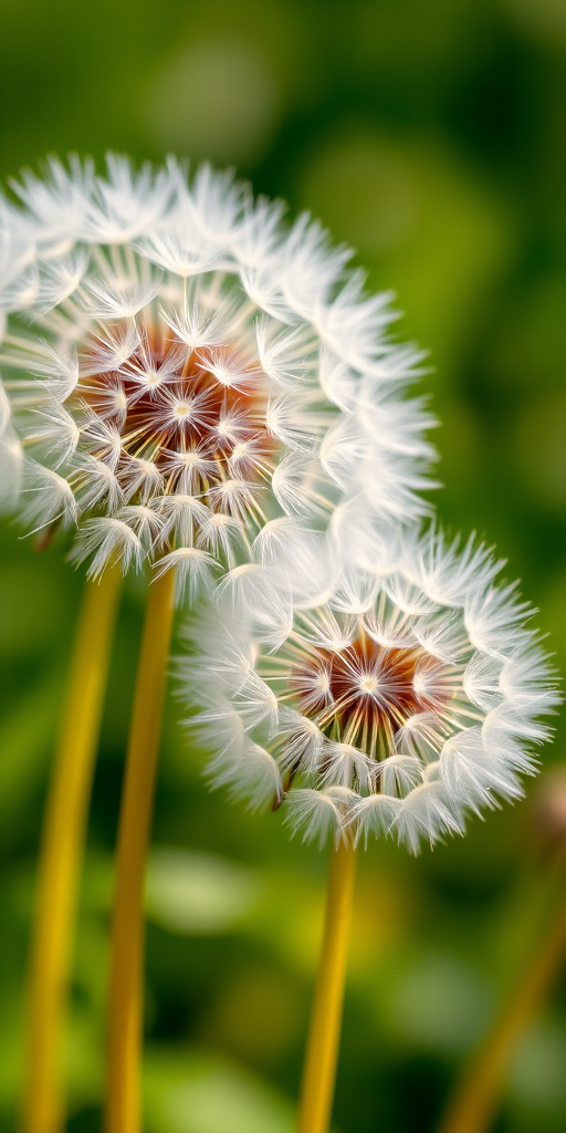 Close-up of dandelions with fluffy seeds in a soft focus background, natural lighting, aperture f/2.8, shutter speed 1/200 sec, ISO 100, macro lens, shot from a low angle to emphasize details against a blurred green backdrop.