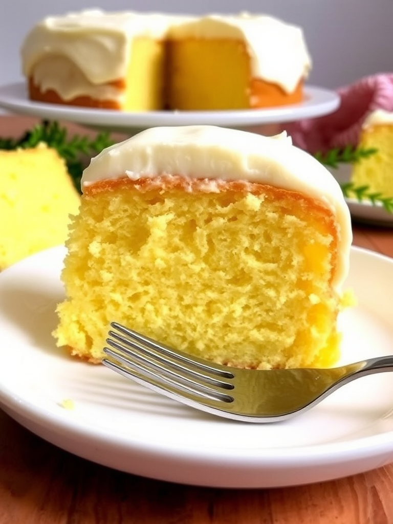 A slice of moist yellow cake with creamy white frosting served on a white plate with a fork beside it the background features a partially visible whole cake on a cake stand and some greenery for decoration