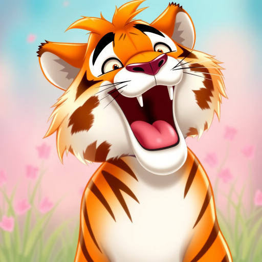 Disney style, cartoon illustration of an orange and white tiger with messy hair smiling very wide open mouth showing, in the Disney Pixar animation style, in the style of Don Bluth, full teeth body, with a very detailed face, very detailed eyes, very detailed fur, full color, very colorful, with a very colorful background, soft pastel colors, high resolution, high quality, high detail, hyper realistic