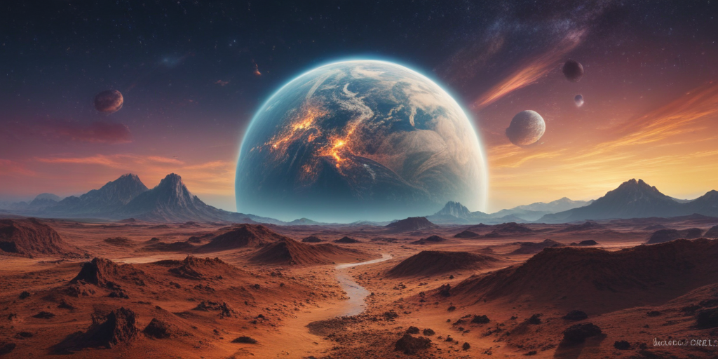 Majestic Alien Landscape Under a Glowing Planet and Distant Celestial ...