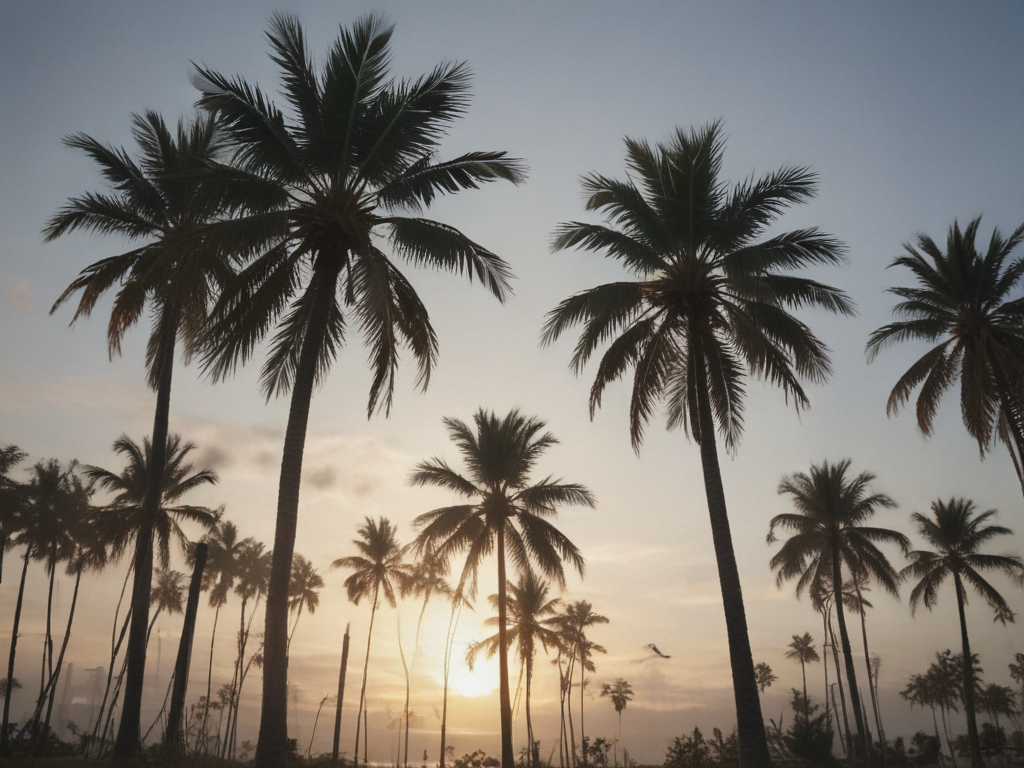 Serene Sunset Over a Tropical Beach Surrounded by Lush Palm Trees