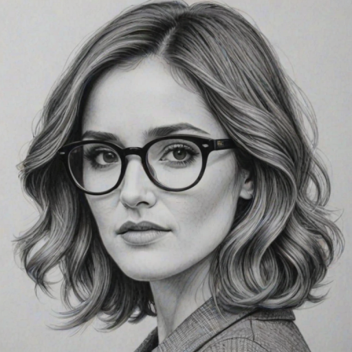 Beauteous Rose Byrne, pencil sketch, portrait of Superb woman 1963s in glasses, hair style beatnik, outline, clear lines, fine lines, 8k