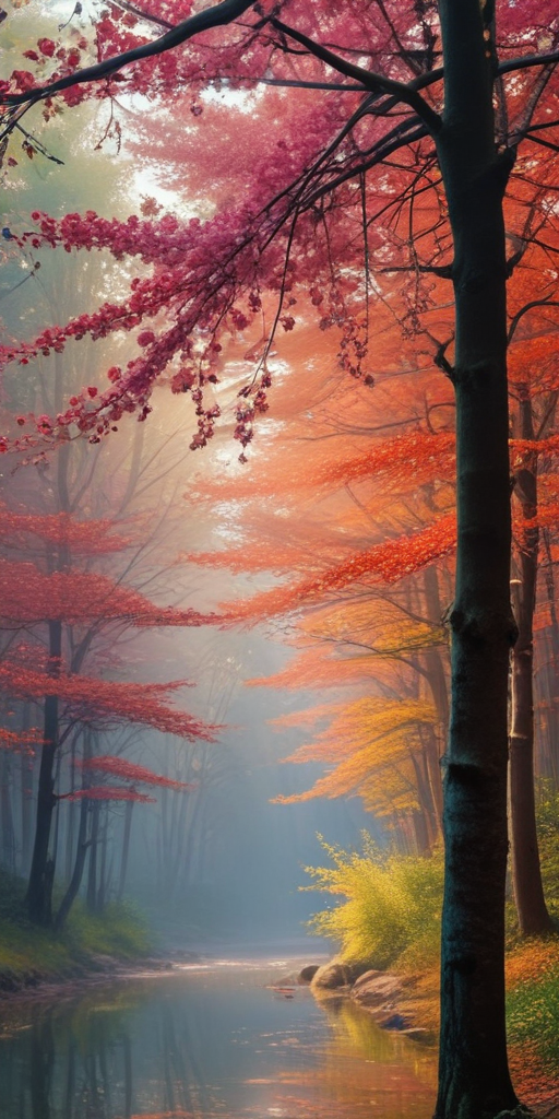 Tranquil Autumn Forest Scene with Vibrant Trees and Serene Water Reflection