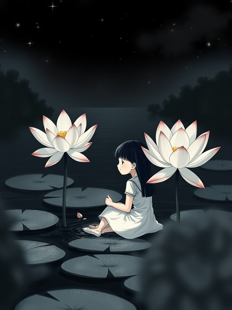 Illustration of a young girl sitting beside a large lotus flower in a serene pond at night, soft focus effect, 35mm lens, aperture f/2.8, ISO 400, 1/60s shutter speed, monochrome style.
