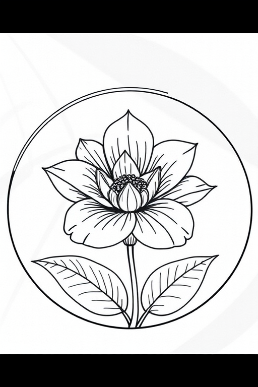Regenerate an intricate line art illustration of a flower with leaves in a circular frame, using a DSLR camera with a 50mm lens, aperture set to f/1.8 for a shallow depth of field, and a focus on fine details and textures in natural light.