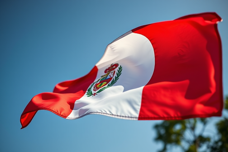 Flag of Peru waving in a gentle breeze, captured with a Canon EOS R5, 50mm f/1.2 lens, ISO 100, aperture f/2.8, shutter speed 1/250s, macro view for enhanced detail and vibrancy.