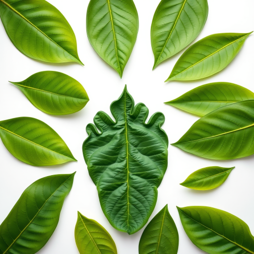 create an artistic arrangement of large green leaves shaped like a footprint on a white background, using a macro lens, f/2.8 aperture, 1/125 sec shutter speed, ISO 100, top-down view, natural light for enhanced color and detail