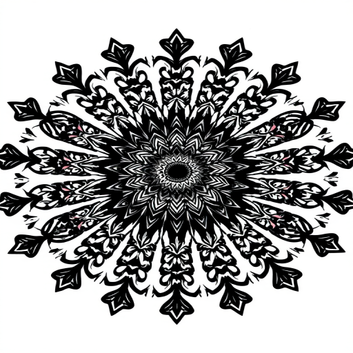 regenerate an intricate black and white mandala design with symmetrical floral patterns, high-resolution, 50mm lens, f/8 aperture, ISO 100, top-down view, digital illustration style