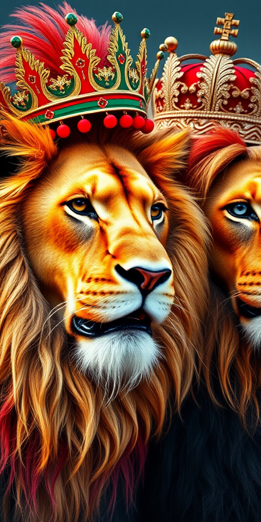 Create an image of two majestic lions with crowns, one featuring the colors of the Tajik flag and the other with the colors of the Iranian flag, using a DSLR camera, 50mm lens, f/1.8 aperture, 1/200s shutter speed, and natural lighting for enhanced detail and vibrancy.